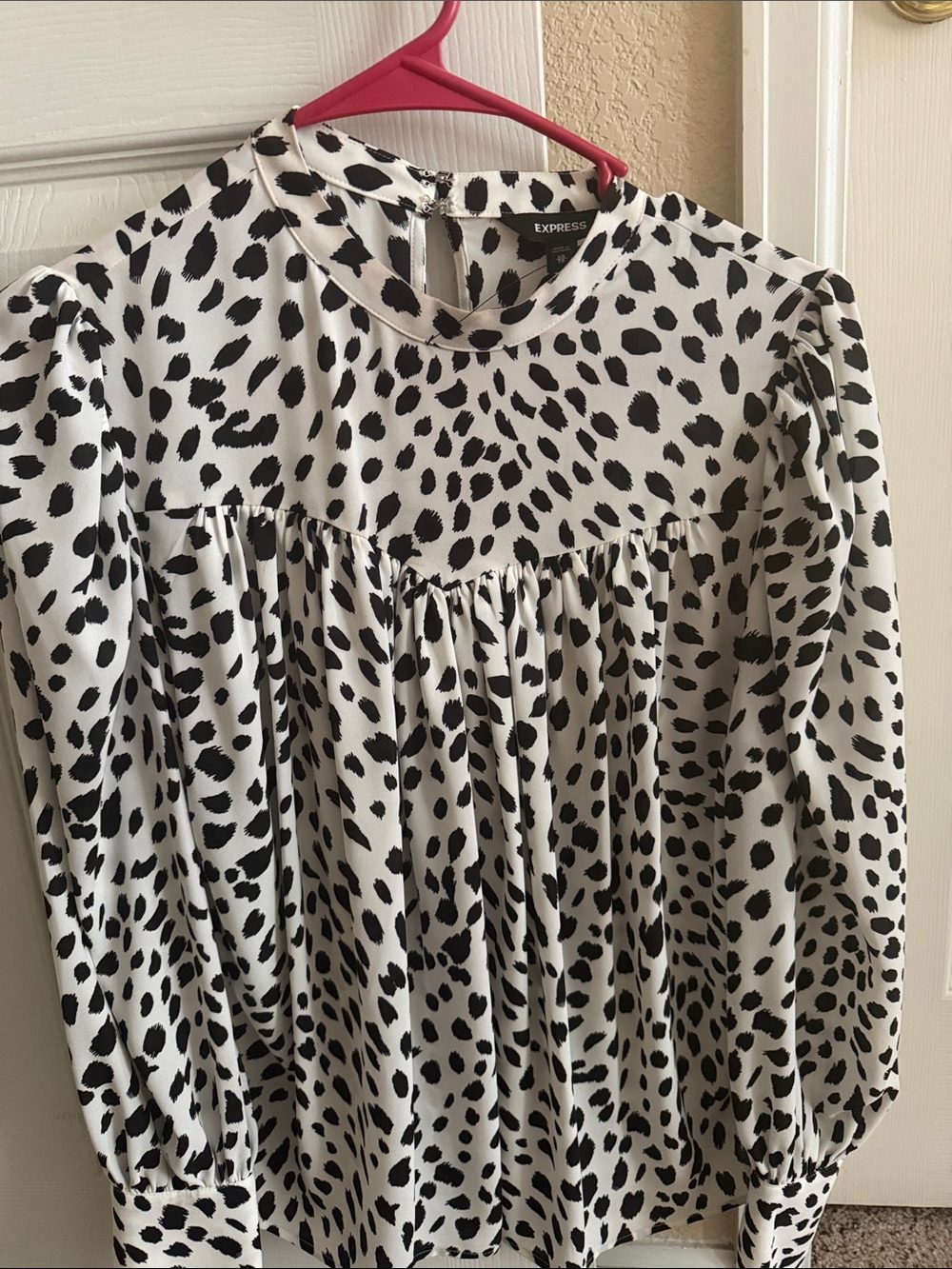 Express Black and White Dalmatian Print Long Sleeve Blouse